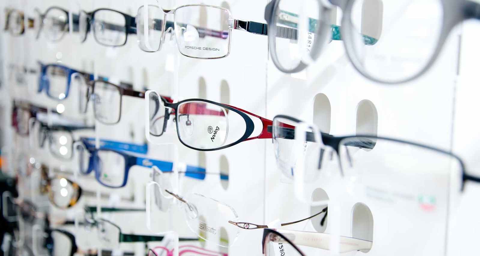 Wall of designer eyeglass frames